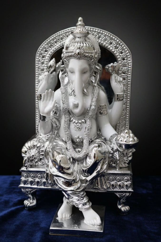Lord Ganesha Idol – White & Silver Singhasan Murti with Ornate Throne & Arch (Premium Puja Statue)