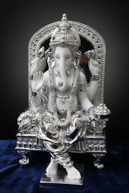 Lord Ganesha Idol – White & Silver Singhasan Murti with Ornate Throne & Arch (Premium Puja Statue)