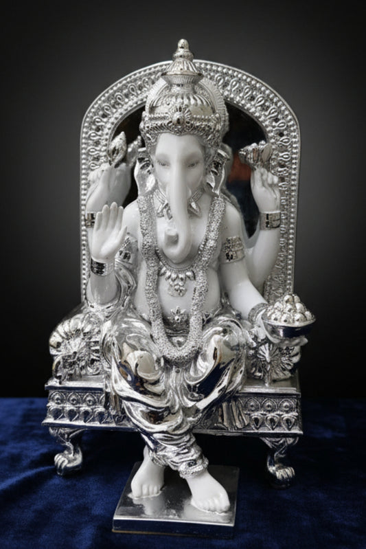 Lord Ganesha Idol – White & Silver Singhasan Murti with Ornate Throne & Arch (Premium Puja Statue)