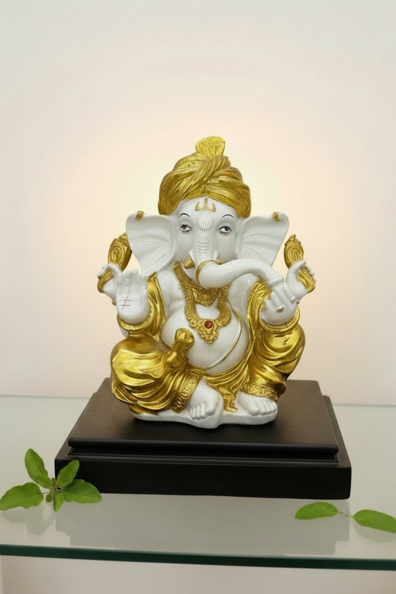 Lord Ganesha Idol – White & Gold Resin Statue with Wooden Base (Home Decor & Puja)