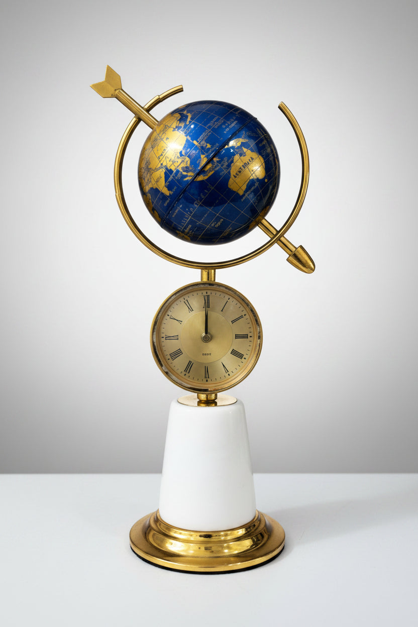 Luxury Armillary Arrow Globe Table Clock – Blue & Gold World Map Globe (White Marble Base)