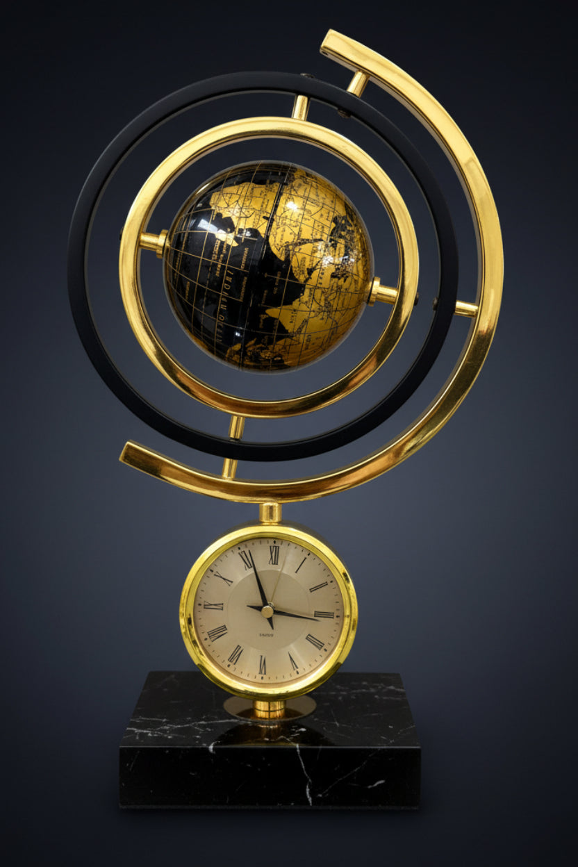 Luxury Gyroscope Armillary Globe Table Clock – Gold Brass, Black & Gold World Map Globe (Black Marble Base)