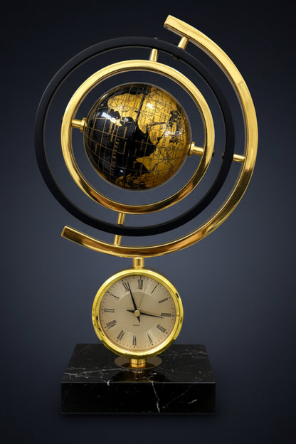 Luxury Gyroscope Armillary Globe Table Clock – Gold Brass, Black & Gold World Map Globe (Black Marble Base)