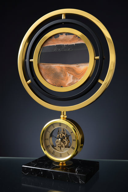 Luxury Gyroscope Sand Art Table Clock – Gold Brass, Orange Desert Sand Art & Skeleton Clock (Black Marble Base)