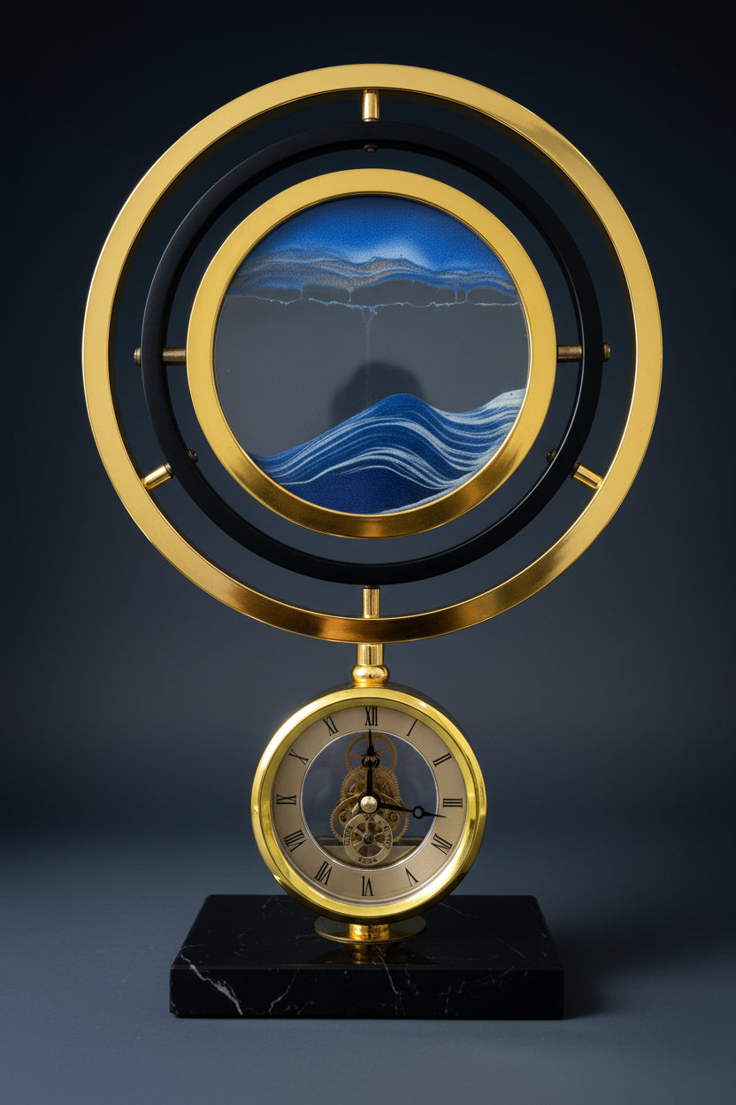 Luxury Gyroscope Sand Art Table Clock – Gold Brass, Blue Ocean Wave & Skeleton Clock (Black Marble Base)