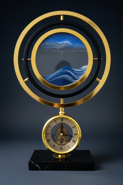 Luxury Gyroscope Sand Art Table Clock – Gold Brass, Blue Ocean Wave & Skeleton Clock (Black Marble Base)