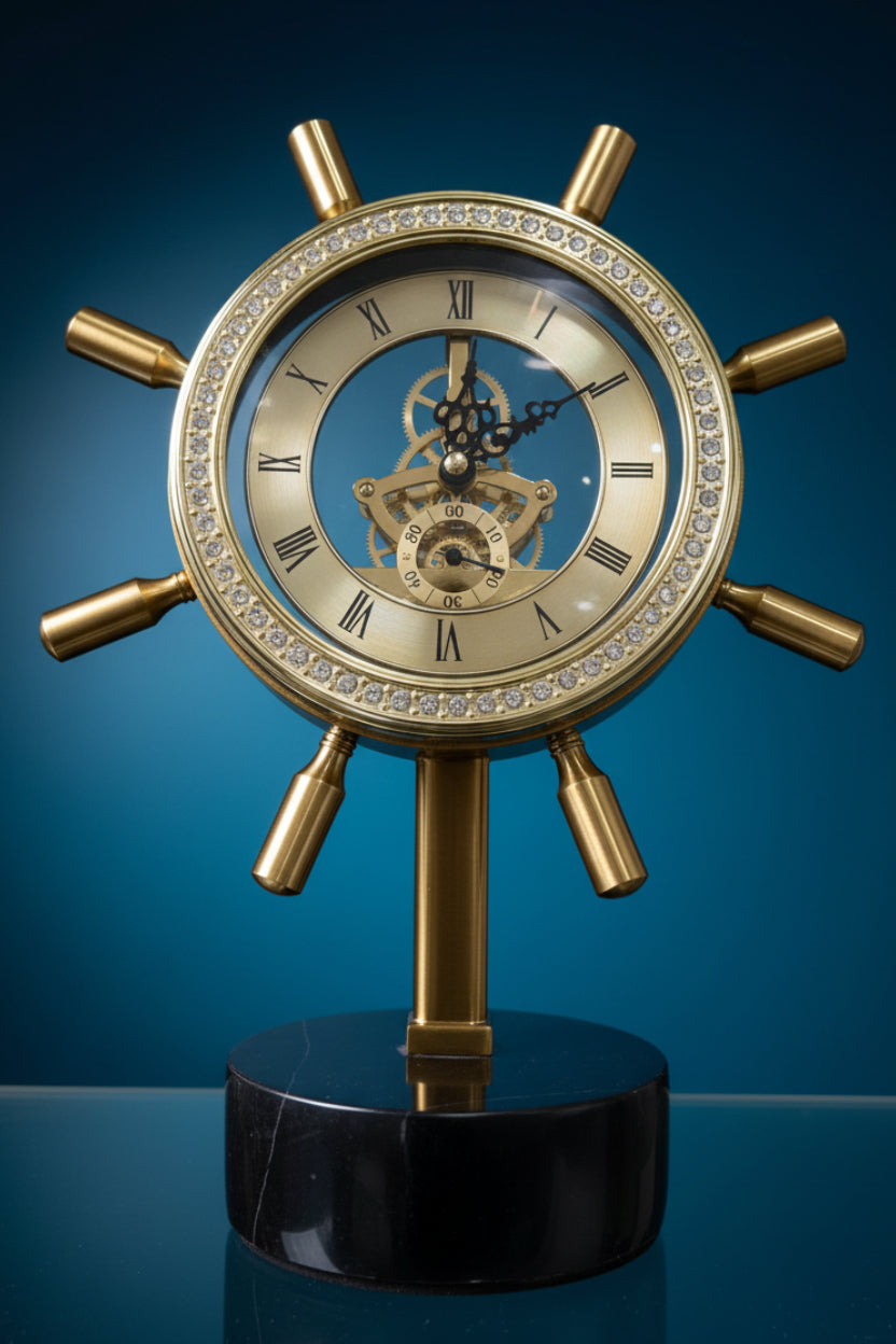 Nautical Ship Wheel Skeleton Table Clock – Gold Brass & Diamond Bezel (Black Marble Base)