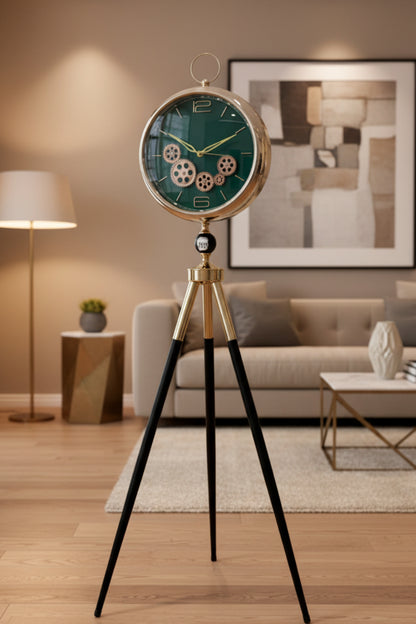 Luxury Tripod Floor Clock – Emerald Green Dial & Gold Gear Mechanism (Black Tripod)
