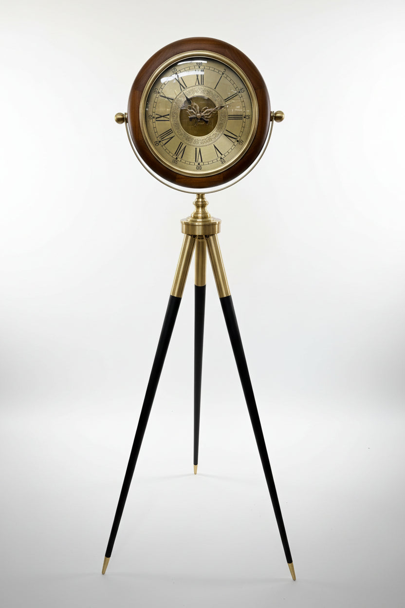 Vintage Antique Tripod Floor Clock – Walnut Wood & Brass Roman Numeral Dial