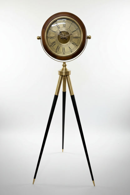 Vintage Antique Tripod Floor Clock – Walnut Wood & Brass Roman Numeral Dial