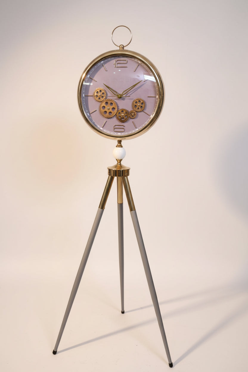 Luxury Tripod Floor Clock – Gold Gear Mechanism & Lavender Dial