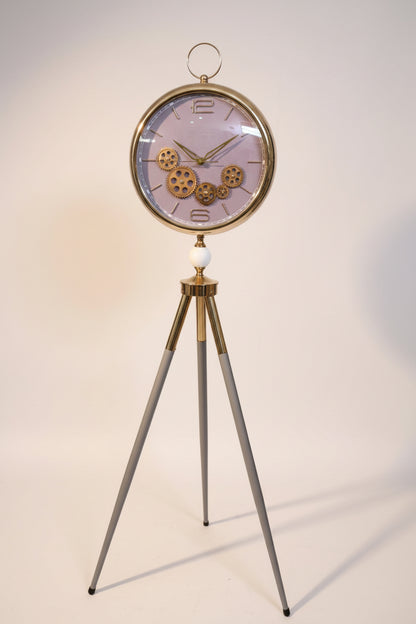 Luxury Tripod Floor Clock – Gold Gear Mechanism & Lavender Dial