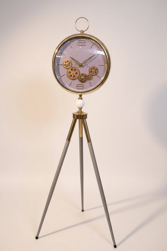 Luxury Tripod Floor Clock – Gold Gear Mechanism & Lavender Dial
