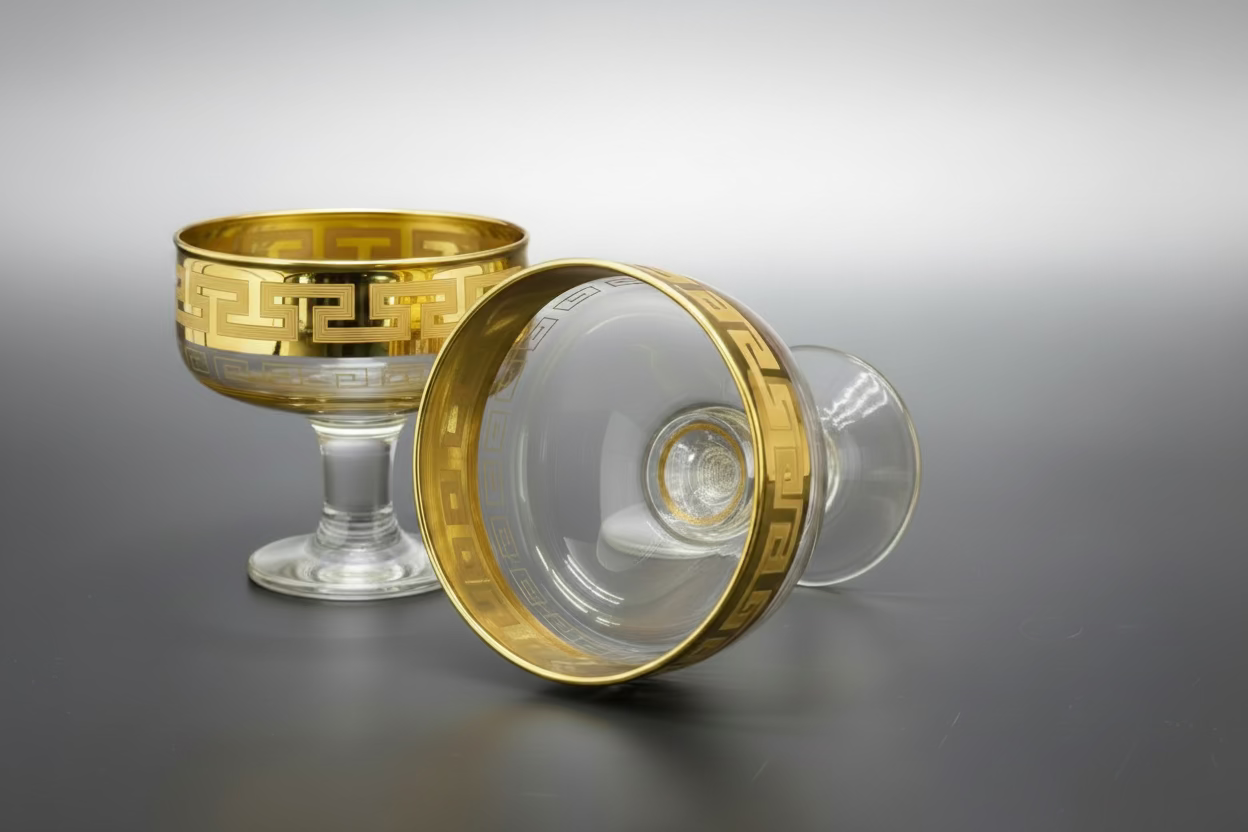 Gold Greek Key Champagne Coupe & Dessert Bowl Glasses (Set of 2)
