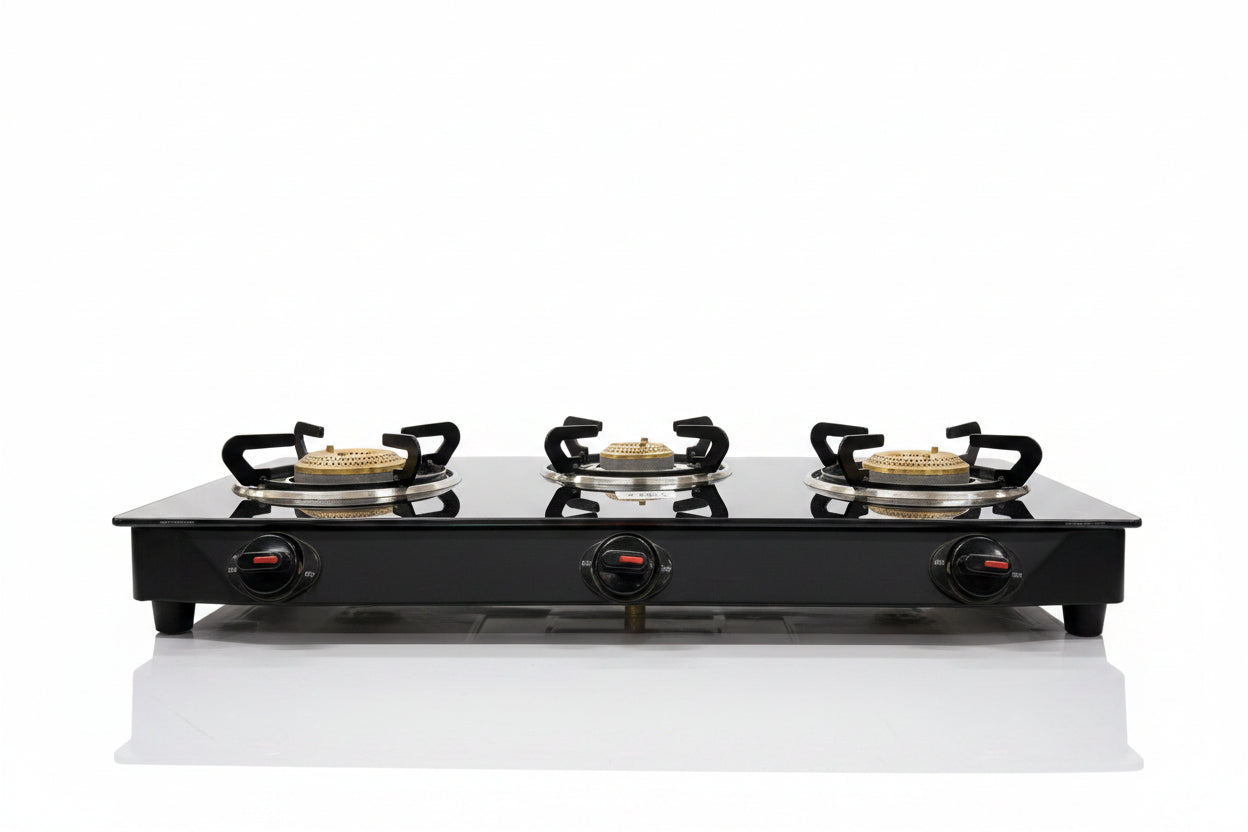 3 Burner Glass Top Gas Stove with Brass Burners