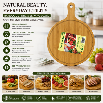 Round Bamboo Cutting & Serving Board with Handle | 10 Inch | Eco-Friendly