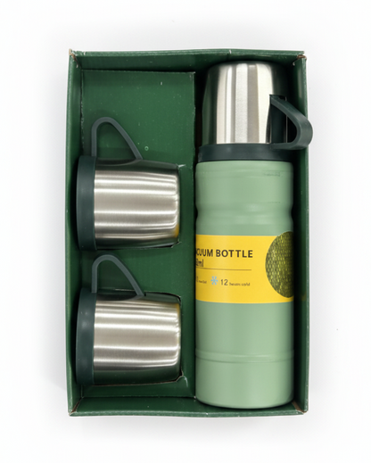 Mountain Adventure Travel Vacuum Flask Set | 2 Stainless Steel Cups | 12 Hours Hot & Cold