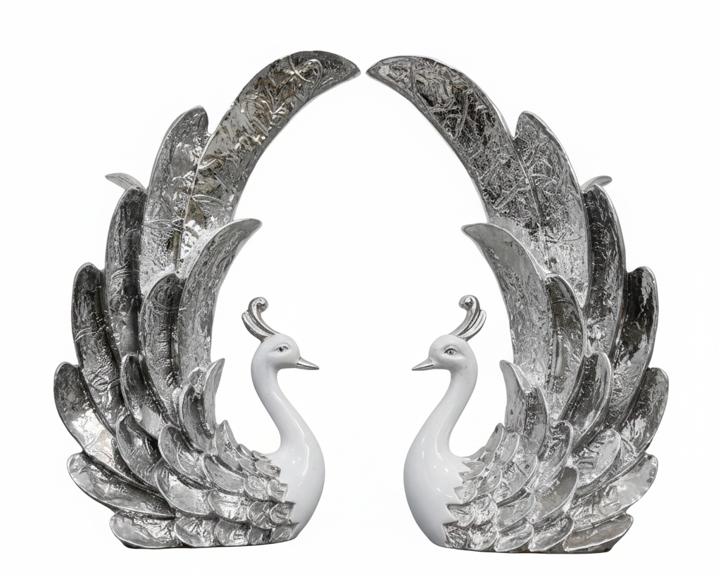 Silver Peacock Couple Figurine Set | Premium Resin Home Decor | Pair of 2 | Wedding Gift