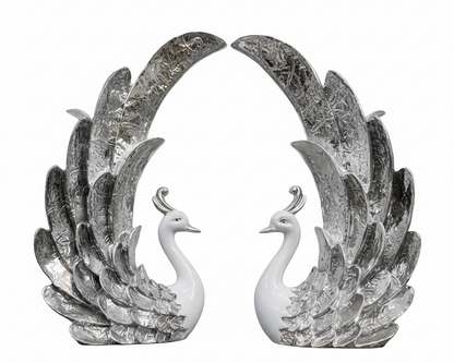 Silver Peacock Couple Figurine Set | Premium Resin Home Decor | Pair of 2 | Wedding Gift