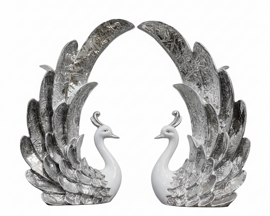 Silver Peacock Couple Figurine Set | Premium Resin Home Decor | Pair of 2 | Wedding Gift