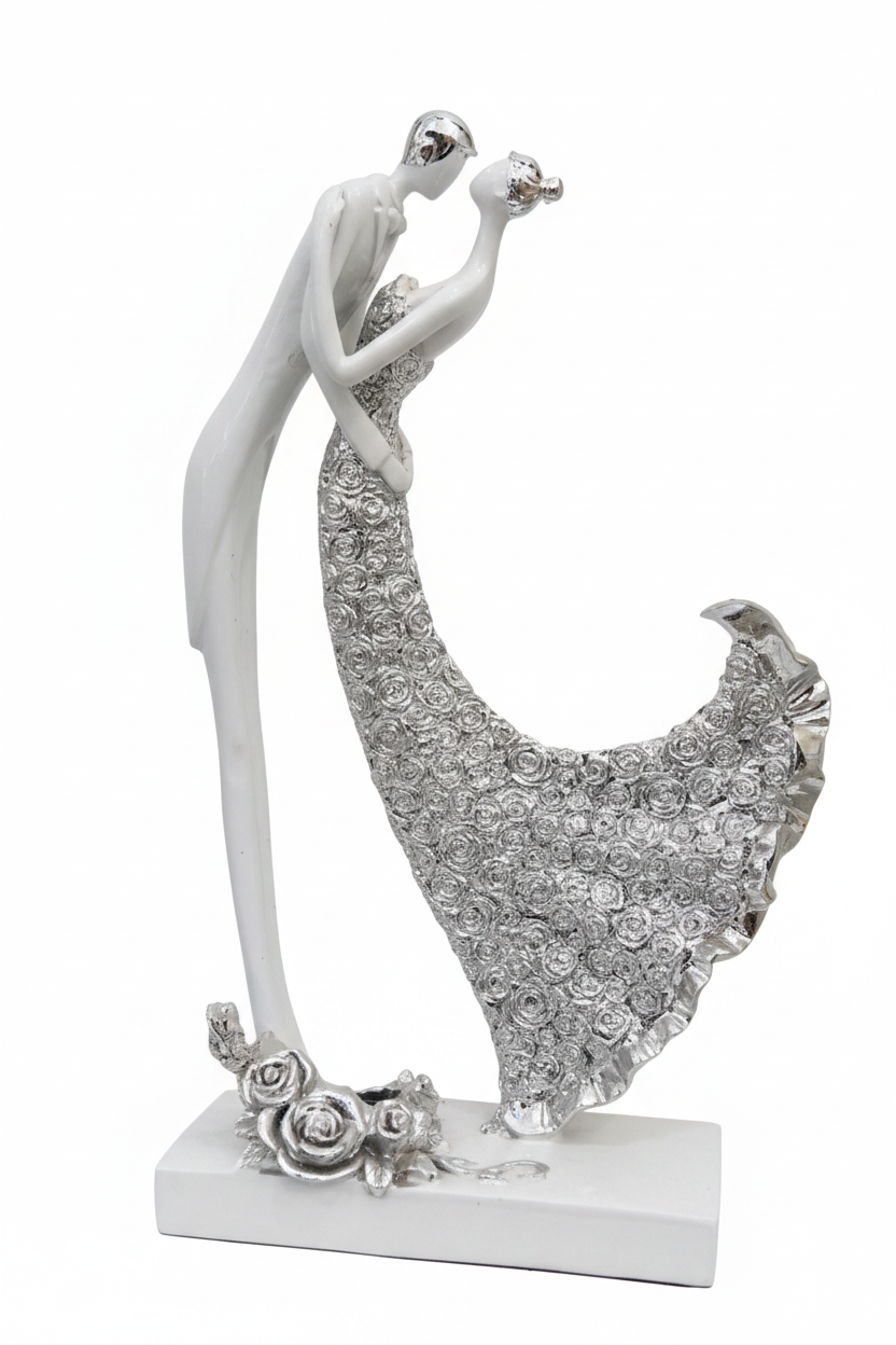 Dancing Couple Figurine | White & Silver Rose Gown | Premium Resin | Wedding Anniversary Gift