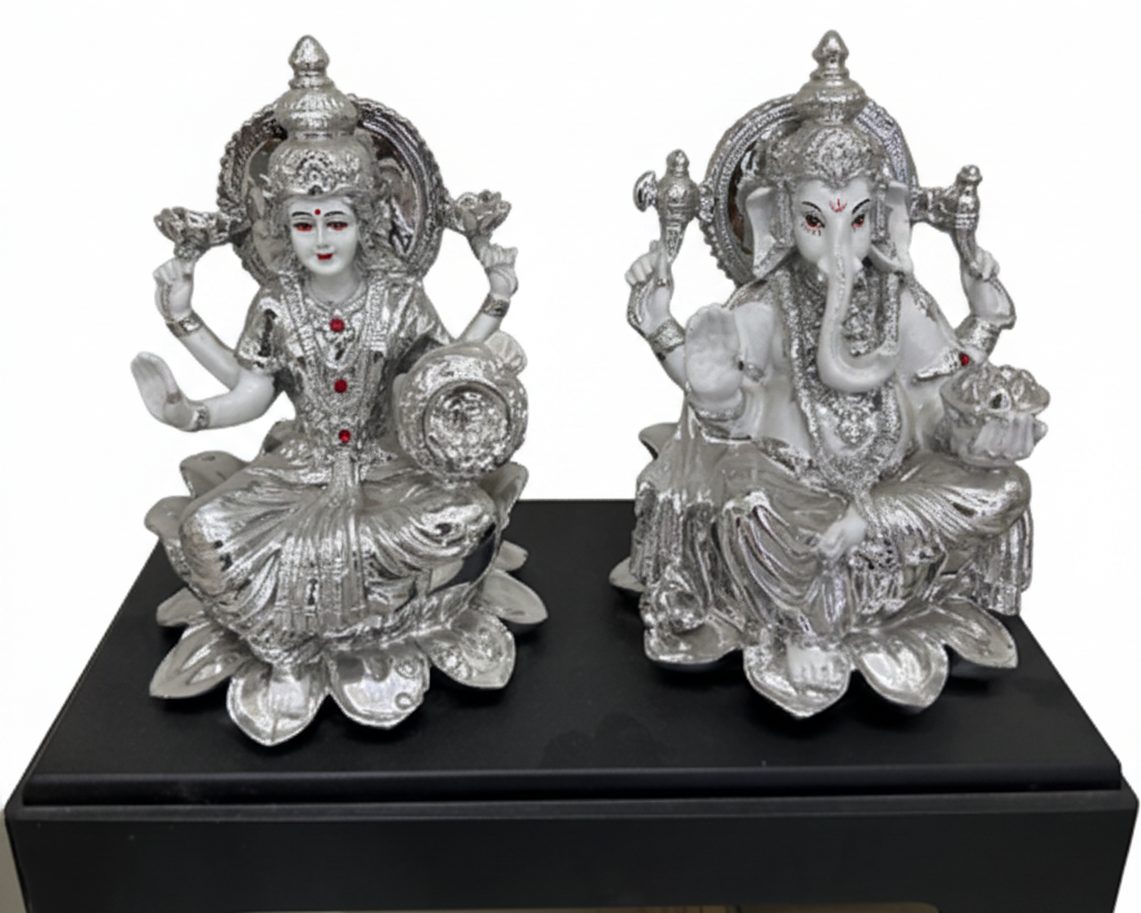 Silver Laxmi Ganesh Idol Set of 2 | Premium Resin Murti | Diwali Puja Statue | Griha Pravesh Gift