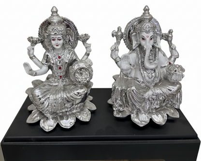 Silver Laxmi Ganesh Idol Set of 2 | Premium Resin Murti | Diwali Puja Statue | Griha Pravesh Gift