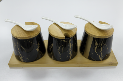 Yamasin 3-Piece Spice Set with Bamboo Tray | Black & Matt Gold Marble