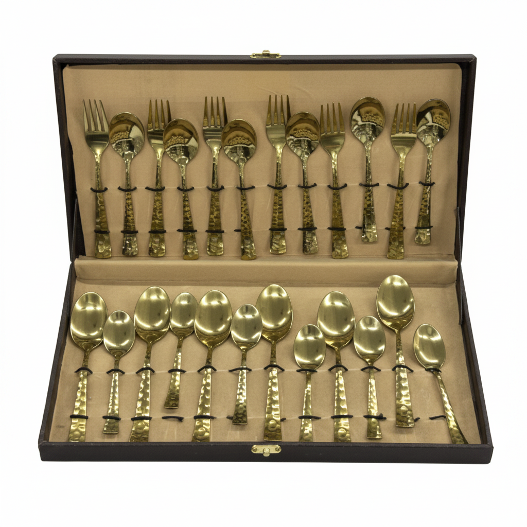 Gold Plated Cutlery Set | 24 Piece | Hammered Handle | Luxury Gift Box | Premium Dining