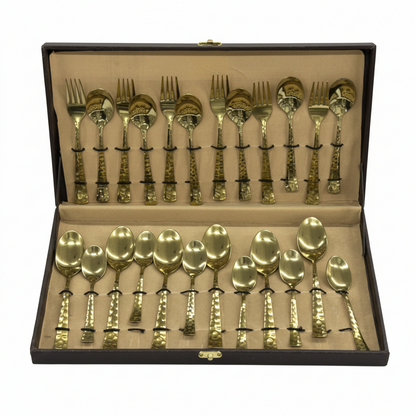 Gold Plated Cutlery Set | 24 Piece | Hammered Handle | Luxury Gift Box | Premium Dining