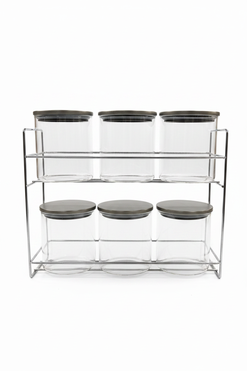 6 Piece Glass Canister Set with Chrome Metal Stand | Kitchen Storage Organizer