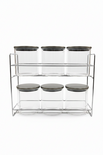 6 Piece Glass Canister Set with Chrome Metal Stand | Kitchen Storage Organizer