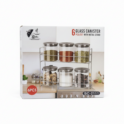 6 Piece Glass Canister Set with Chrome Metal Stand | Kitchen Storage Organizer