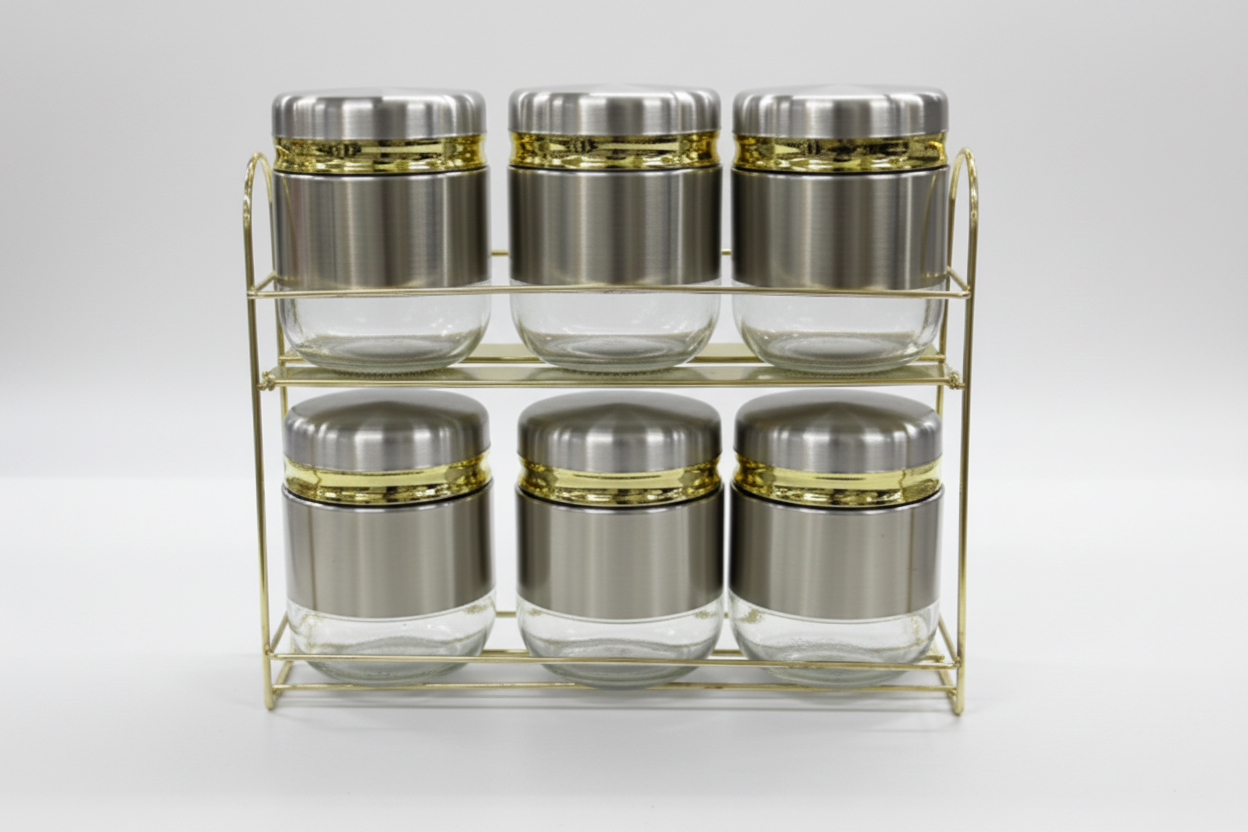 Born Chef 6 Glass Spice Jar Set on Gold Metal Rack - Store Photo