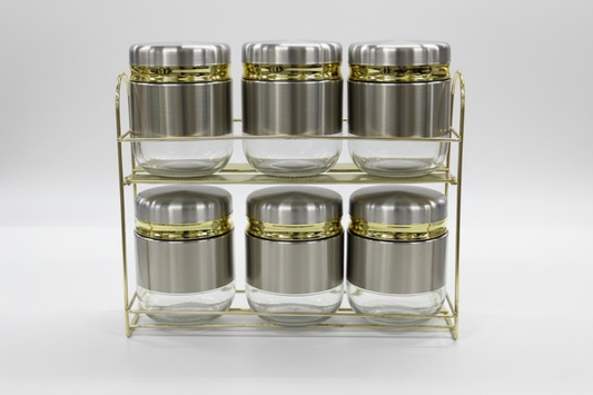 Born Chef 6 Glass Spice Jar Set on Gold Metal Rack - Store Photo
