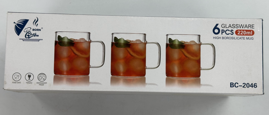 Born Glass BC-2046 High Borosilicate Glass Mug Set – 6 Pieces | 220ml