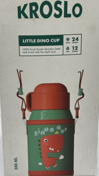 KROSLO Little Dino Cup - 500ml Kids Insulated Water Bottle | Stainless Steel | Dinosaur Design