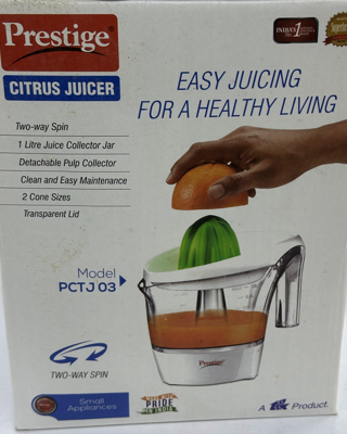Prestige Citrus Juicer PCTJ 03 - product box showing features and specifications