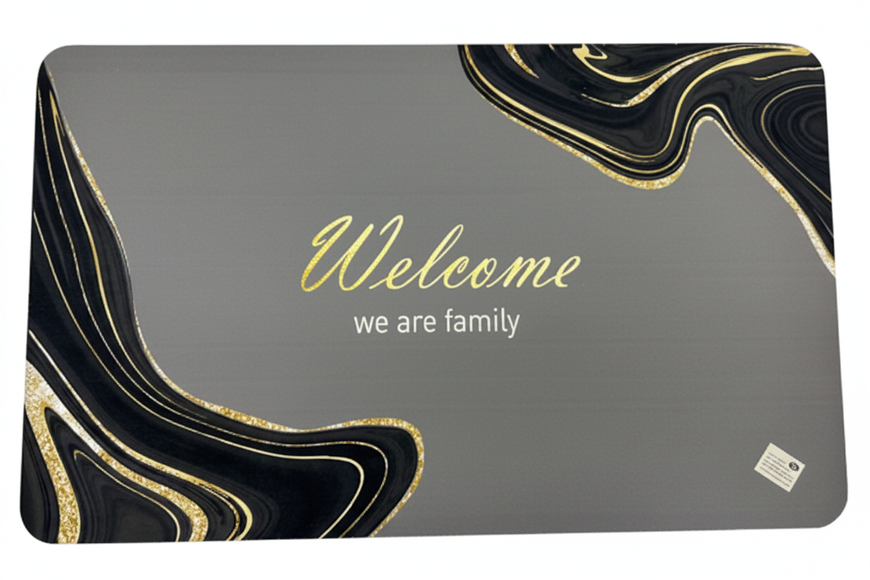 Welcome We Are Family Door Mat | Grey Black Marble Gold Glitter Design | Anti-Slip | Premium Quality