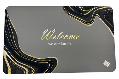 Welcome We Are Family Door Mat | Grey Black Marble Gold Glitter Design | Anti-Slip | Premium Quality