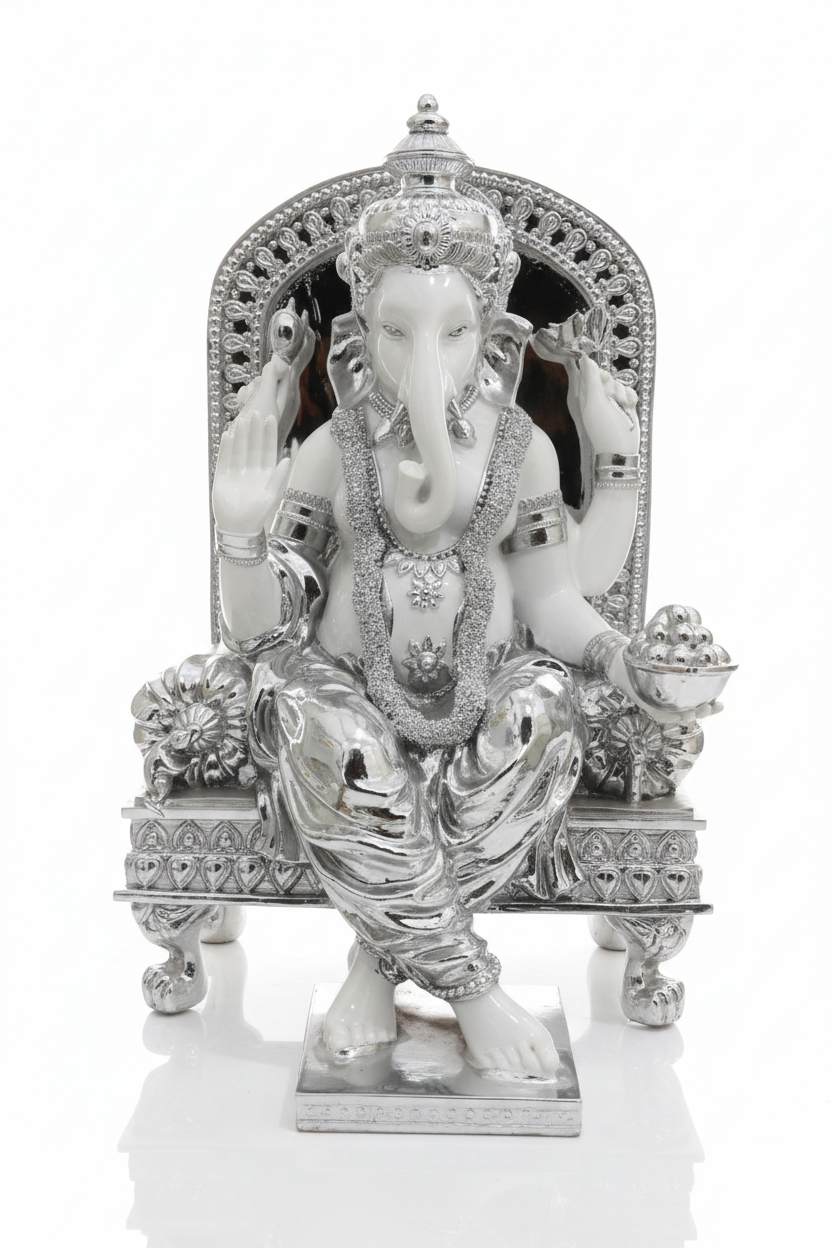 Silver Ganesha Idol on Ornate Singhasan Throne | Premium Home Decor & Gift