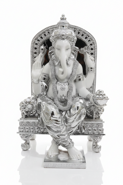 Silver Ganesha Idol on Ornate Singhasan Throne | Premium Home Decor & Gift