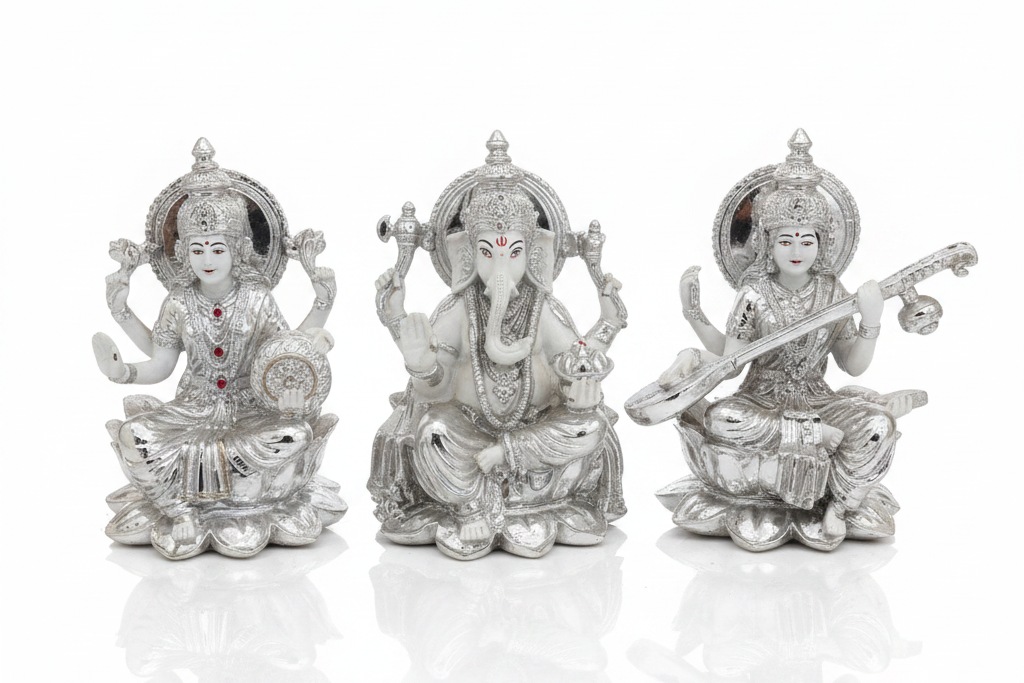 Silver Lakshmi Ganesha Saraswati Idol Set of 3 | Premium Home Decor & Diwali Gift