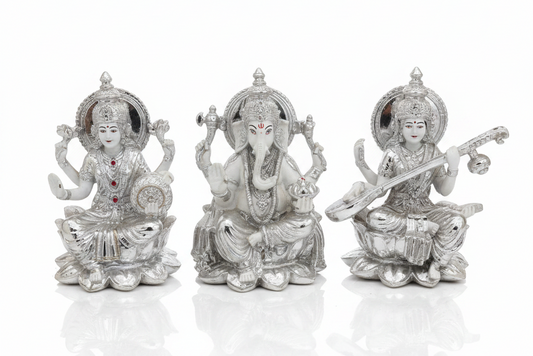 Silver Lakshmi Ganesha Saraswati Idol Set of 3 | Premium Home Decor & Diwali Gift