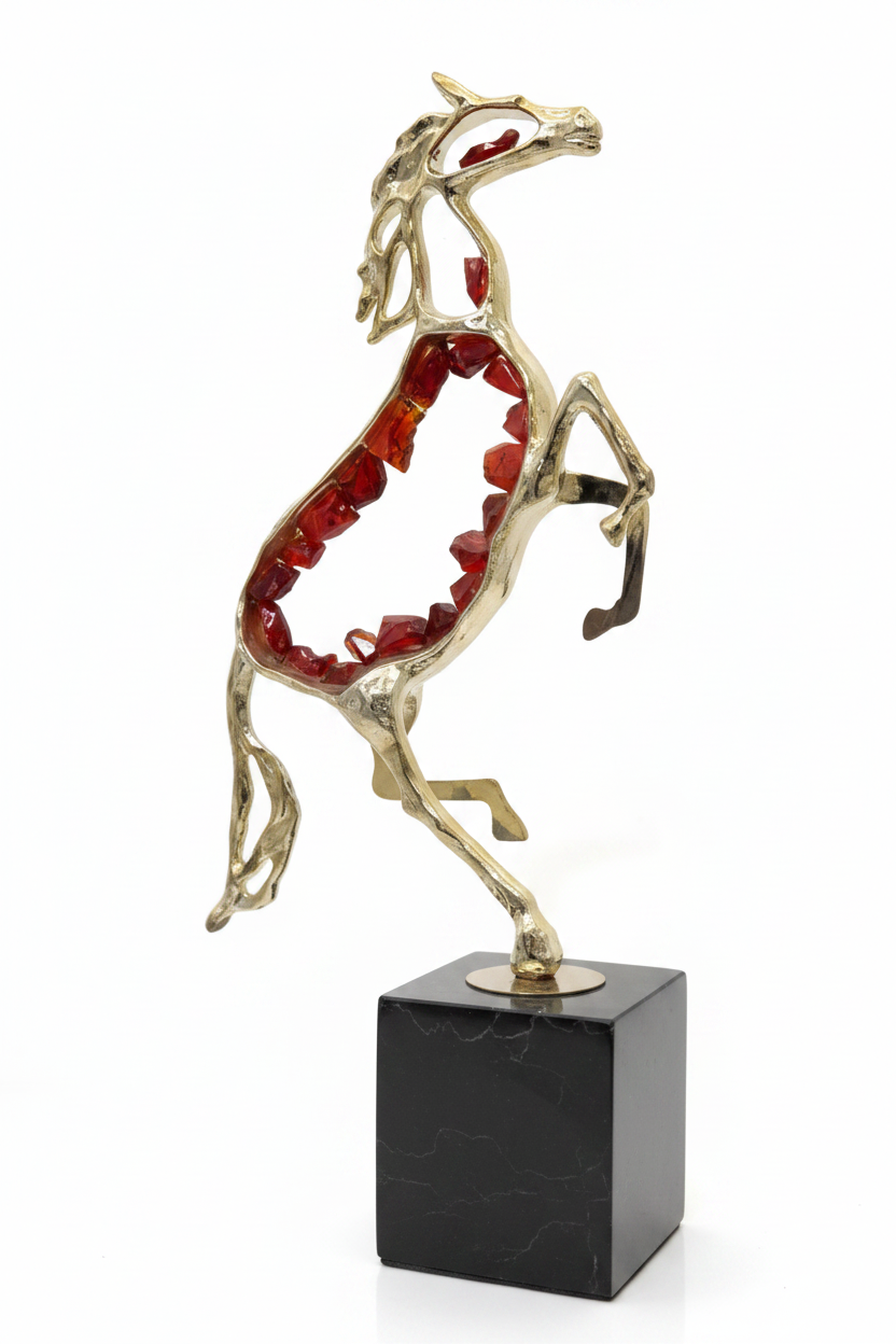 Gold Rearing Horse Sculpture with Red Crystal Body - Original