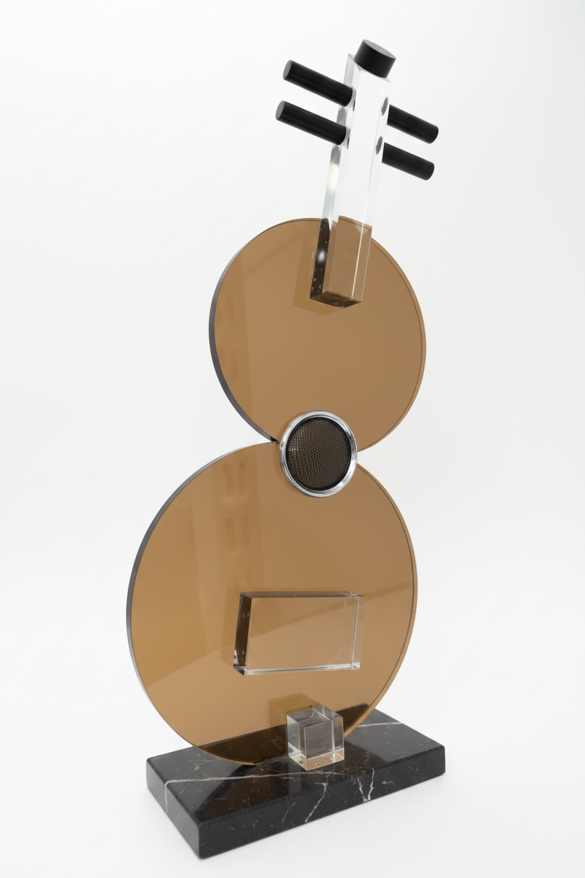 Abstract Modern Sculpture - Bronze Mirror Disc Art on Black Marble Base
