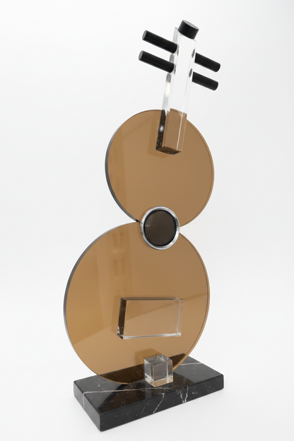 Abstract Modern Sculpture - Bronze Mirror Disc Art on Black Marble Base