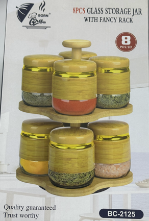 Glass Storage Jar Set with Fancy Rack – Gold Finish Kitchen Organizer