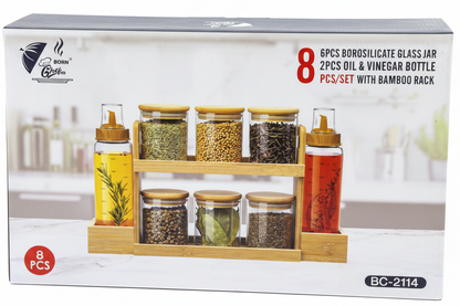 Borosilicate Glass Jar Set with Bamboo Rack – 6 Spice Jars & 2 Oil Vinegar Bottles