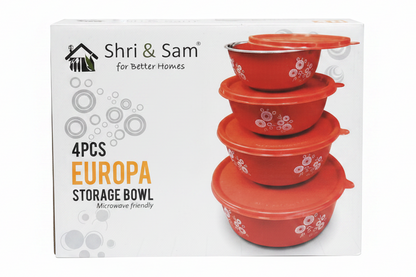 Shri & Sam Europa 4 Pcs Storage Bowl Set | Steel Inside | Airtight Lid | Microwave Friendly